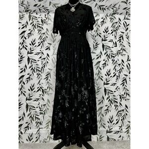 Black Floral V Neck Velvet Maxi Dress Empire Waist Sz S Long Classic Formal #9/B